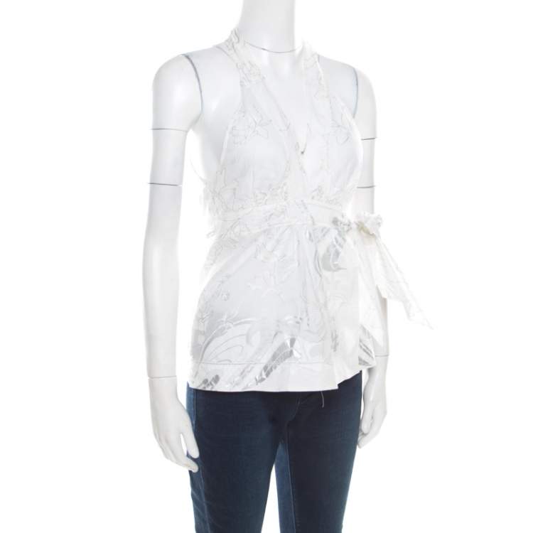Pre Owned Roberto Cavalli Off White Foil Printed Cotton Sleeveless Wrap Top M