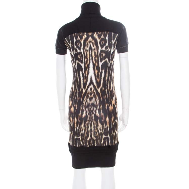 Pre Owned Roberto Cavalli Black Animal Printed Wool Blend Turtleneck Sweater Dress M