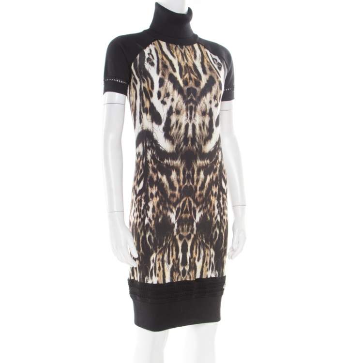 Pre Owned Roberto Cavalli Black Animal Printed Wool Blend Turtleneck Sweater Dress M