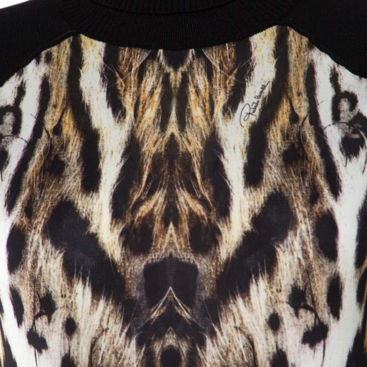 Pre Owned Roberto Cavalli Black Animal Printed Wool Blend Turtleneck Sweater Dress M