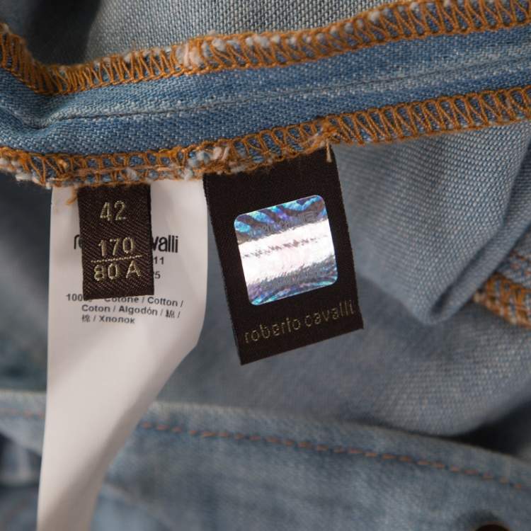 Pre Owned Roberto Cavalli Embellished Faded Effect Denim Long Sleeve Shirt M