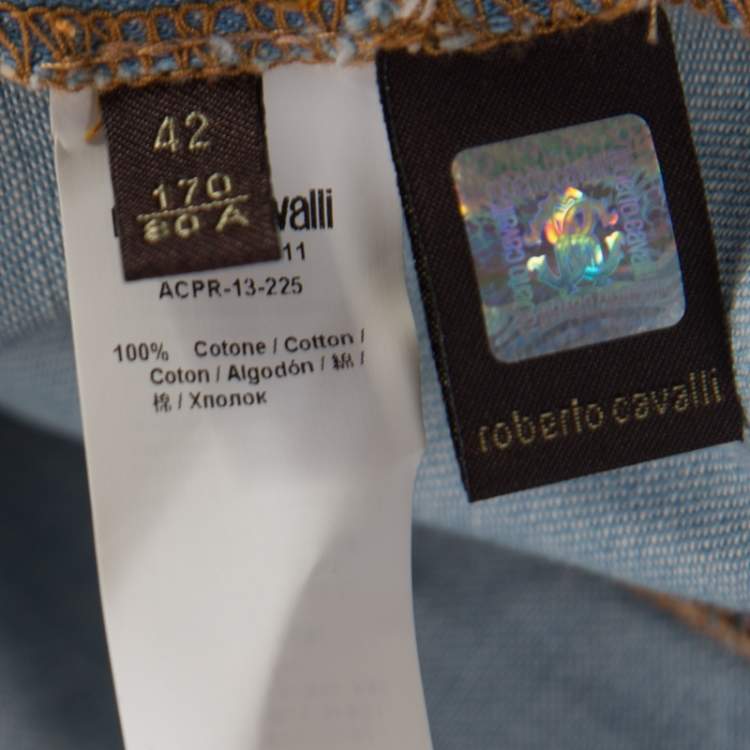 Pre Owned Roberto Cavalli Embellished Faded Effect Denim Long Sleeve Shirt M
