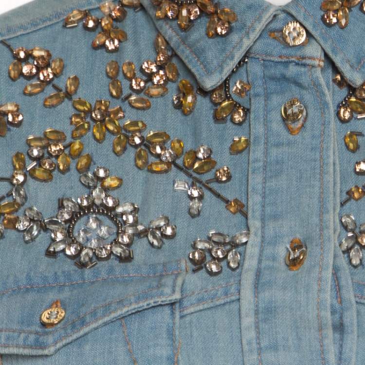 Pre Owned Roberto Cavalli Embellished Faded Effect Denim Long Sleeve Shirt M