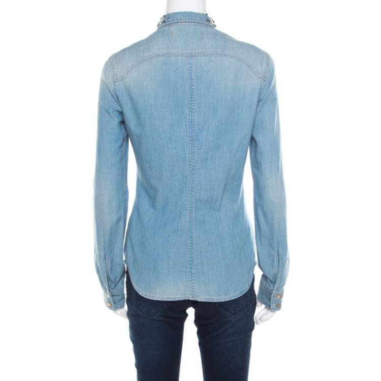 Pre Owned Roberto Cavalli Embellished Faded Effect Denim Long Sleeve Shirt M