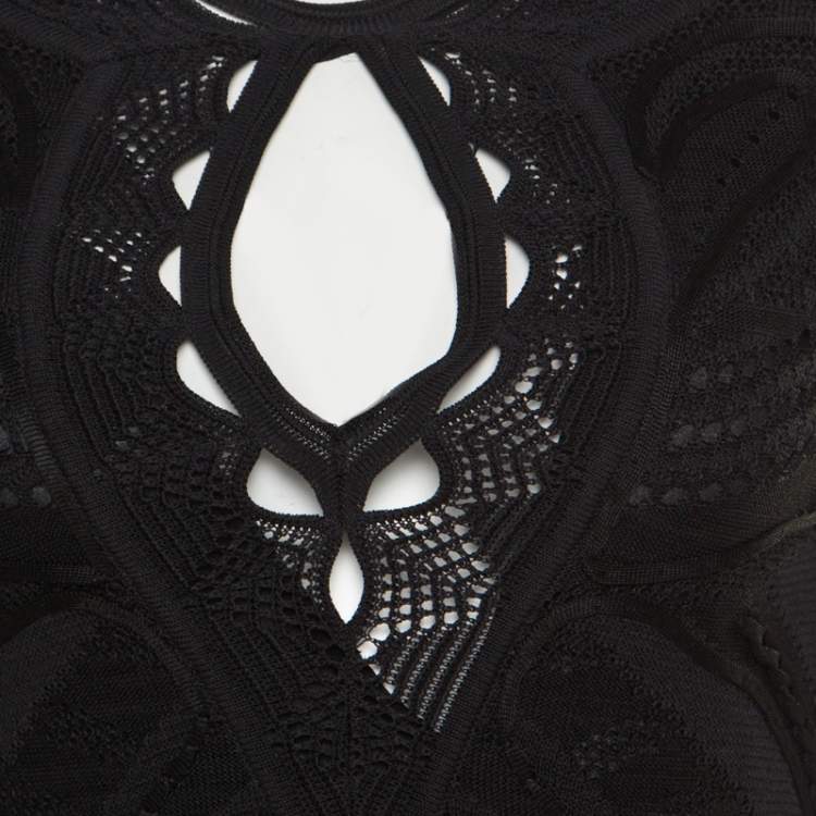 مملوكة مسبقًا Roberto Cavalli Black Perforated Knit Long Sleeve Bodycon Dress S