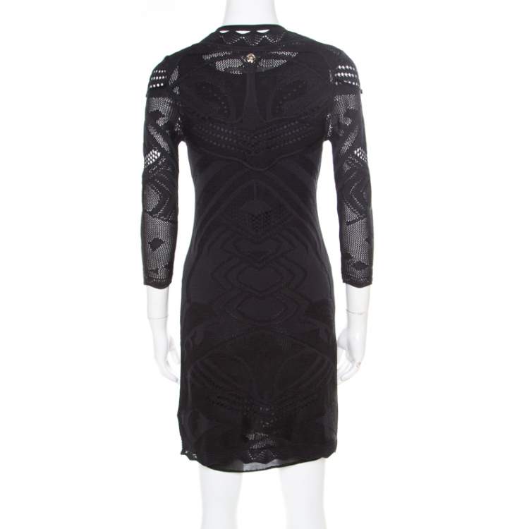 مملوكة مسبقًا Roberto Cavalli Black Perforated Knit Long Sleeve Bodycon Dress S