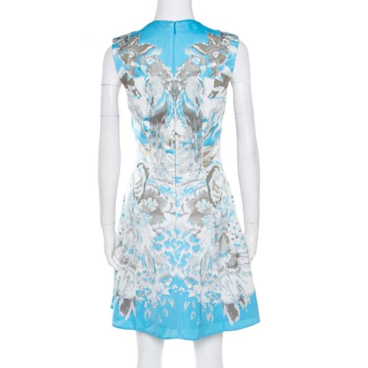 Pre Owned Roberto Cavalli Blue Floral Printed Satin Sleeveless Flared Dress S
