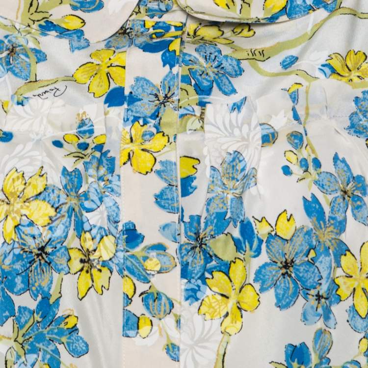 Pre Owned Roberto Cavalli Off White Floral Printed Silk Gathered Ruffle Detail Blouse M