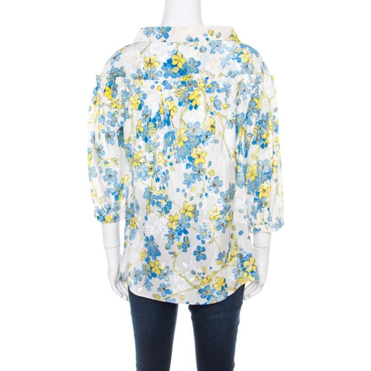 Pre Owned Roberto Cavalli Off White Floral Printed Silk Gathered Ruffle Detail Blouse M