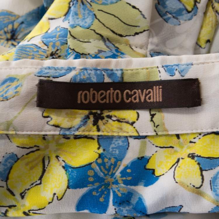 Pre Owned Roberto Cavalli Off White Floral Printed Silk Gathered Ruffle Detail Blouse M