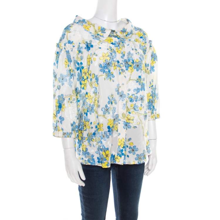 Pre Owned Roberto Cavalli Off White Floral Printed Silk Gathered Ruffle Detail Blouse M