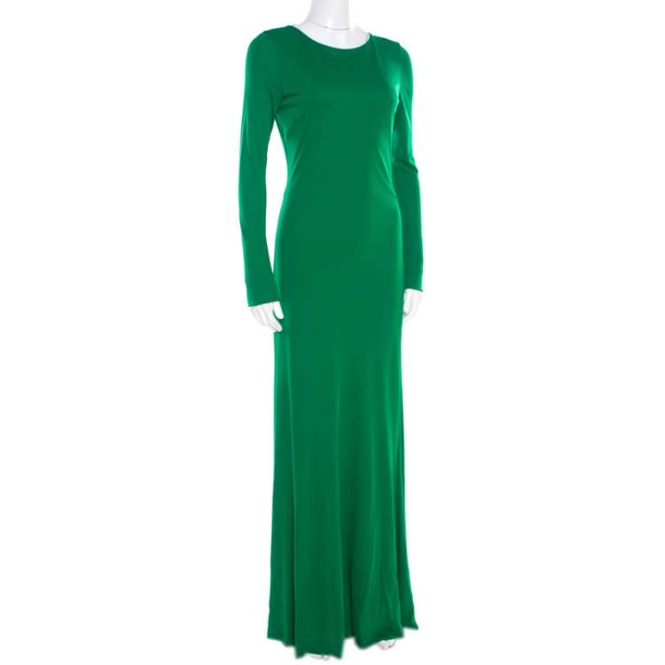 Pre Owned Roberto Cavalli Green Crepe Knit Plunge Back Draped Evening Gown M