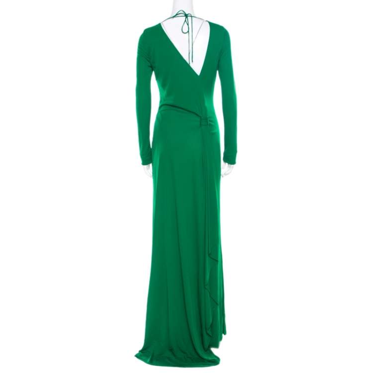 Pre Owned Roberto Cavalli Green Crepe Knit Plunge Back Draped Evening Gown M