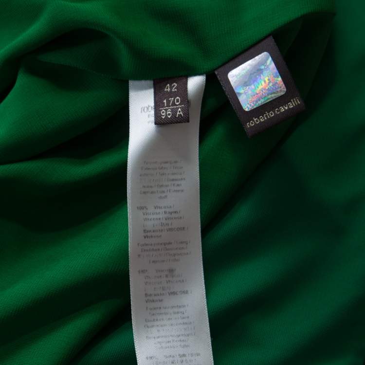 Pre Owned Roberto Cavalli Green Crepe Knit Plunge Back Draped Evening Gown M