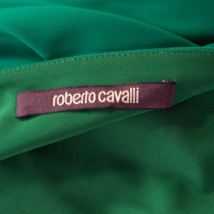 Pre Owned Roberto Cavalli Green Crepe Knit Plunge Back Draped Evening Gown M