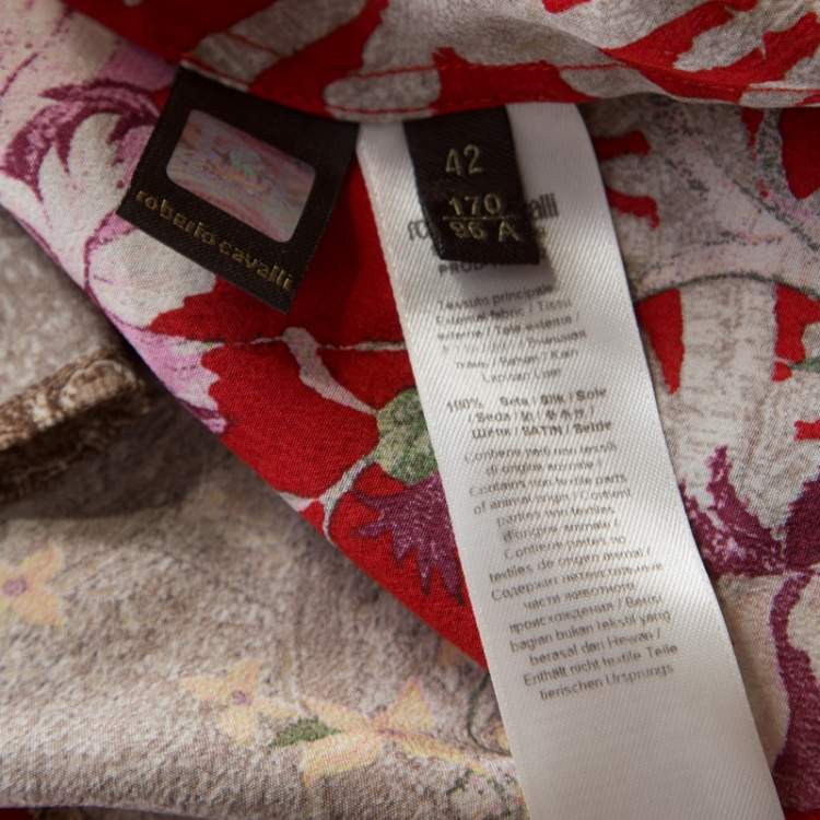 Pre Owned Roberto Cavalli Red Floral Foil Print Silk Crepe de Chine Dress M