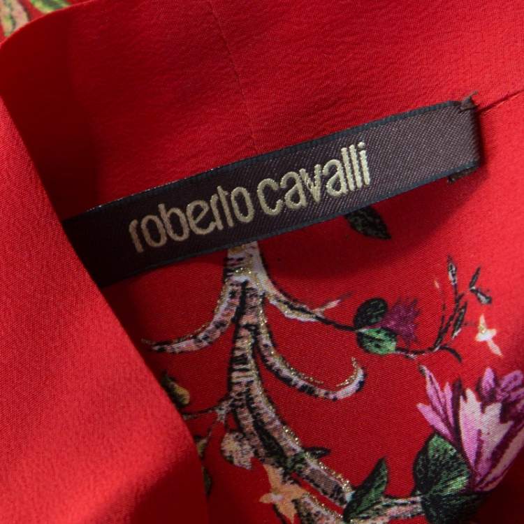 Pre Owned Roberto Cavalli Red Floral Foil Print Silk Crepe de Chine Dress M