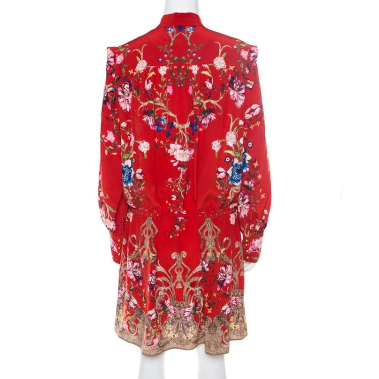 Pre Owned Roberto Cavalli Red Floral Foil Print Silk Crepe de Chine Dress M
