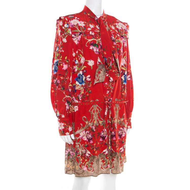 Pre Owned Roberto Cavalli Red Floral Foil Print Silk Crepe de Chine Dress M