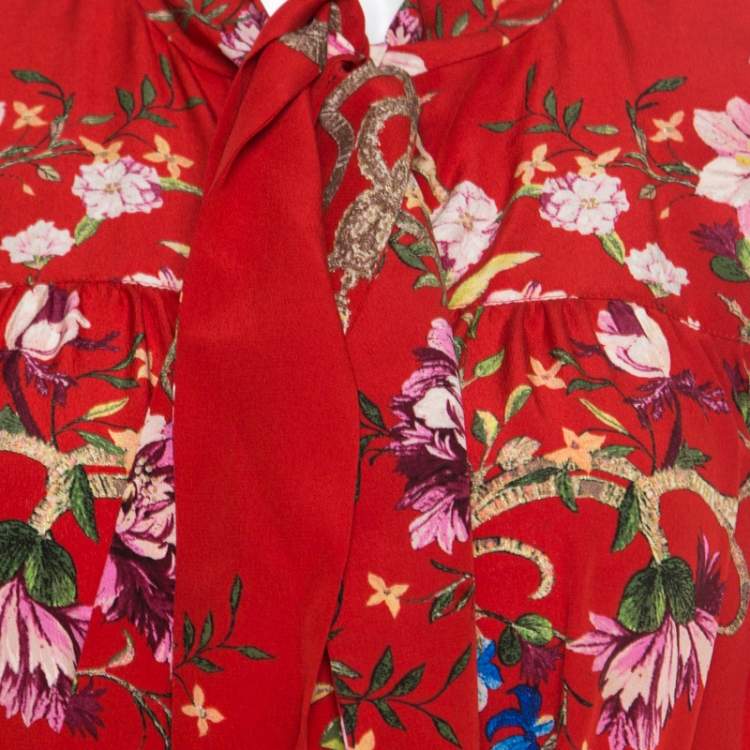 Pre Owned Roberto Cavalli Red Floral Foil Print Silk Crepe de Chine Dress M