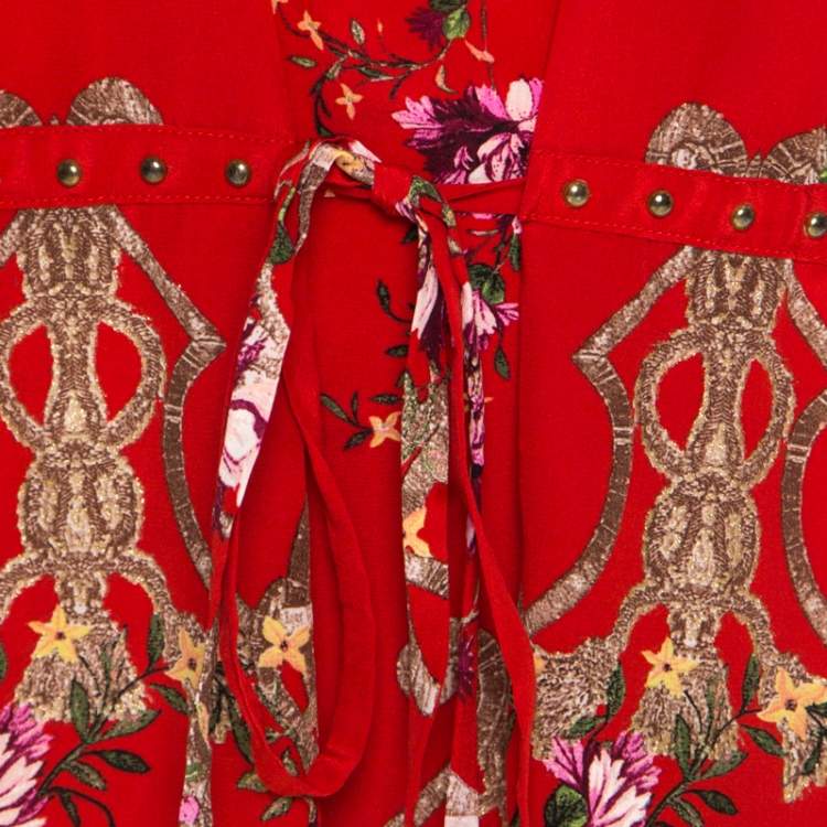 Pre Owned Roberto Cavalli Red Floral Foil Print Silk Crepe de Chine Dress M