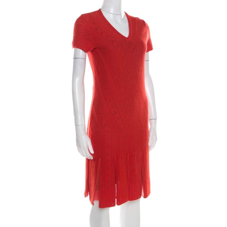 Pre Owned Roberto Cavalli Red Crochet Knit V Neck Godet Dress M