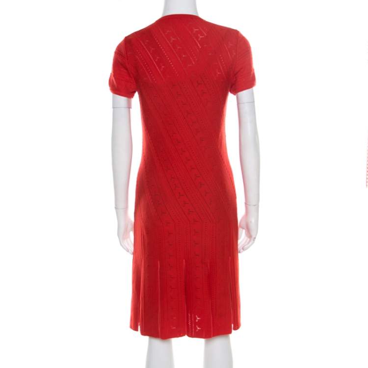 Pre Owned Roberto Cavalli Red Crochet Knit V Neck Godet Dress M