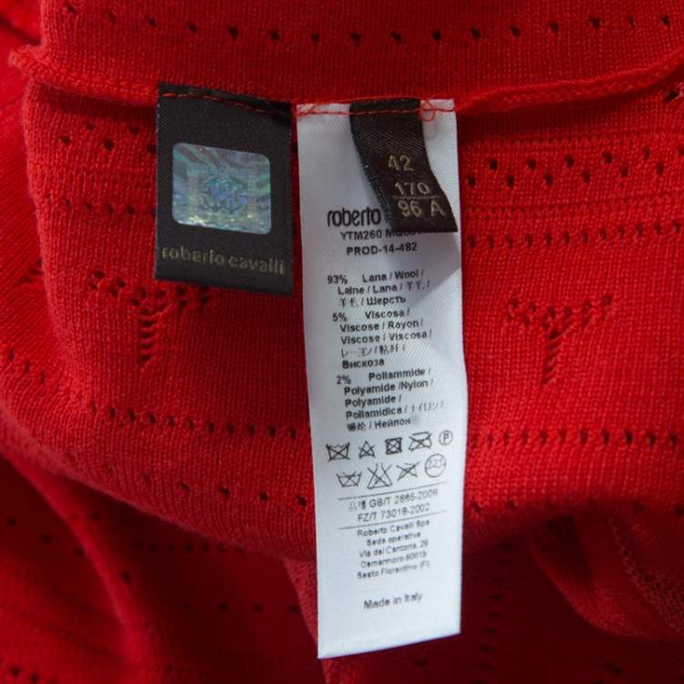 Pre Owned Roberto Cavalli Red Crochet Knit V Neck Godet Dress M