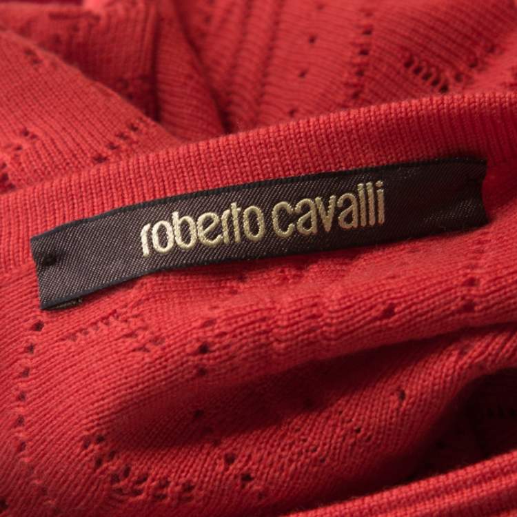 Pre Owned Roberto Cavalli Red Crochet Knit V Neck Godet Dress M