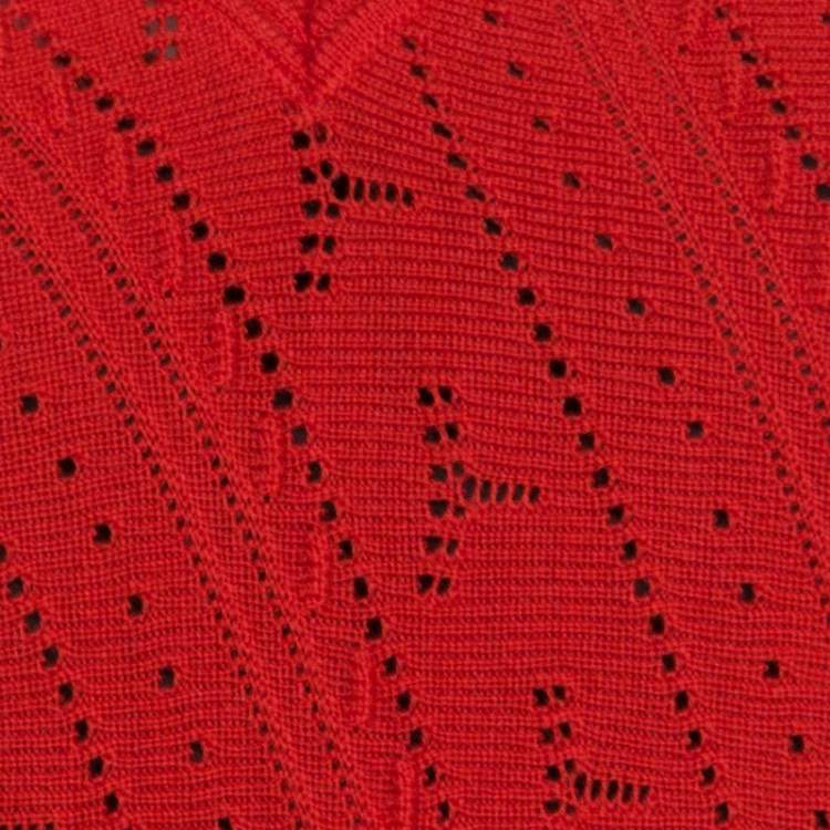 Pre Owned Roberto Cavalli Red Crochet Knit V Neck Godet Dress M