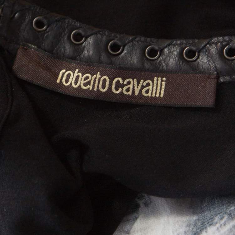 Pre Owned Roberto Cavalli Black Animal Print Silk Leather Trim Blouse M