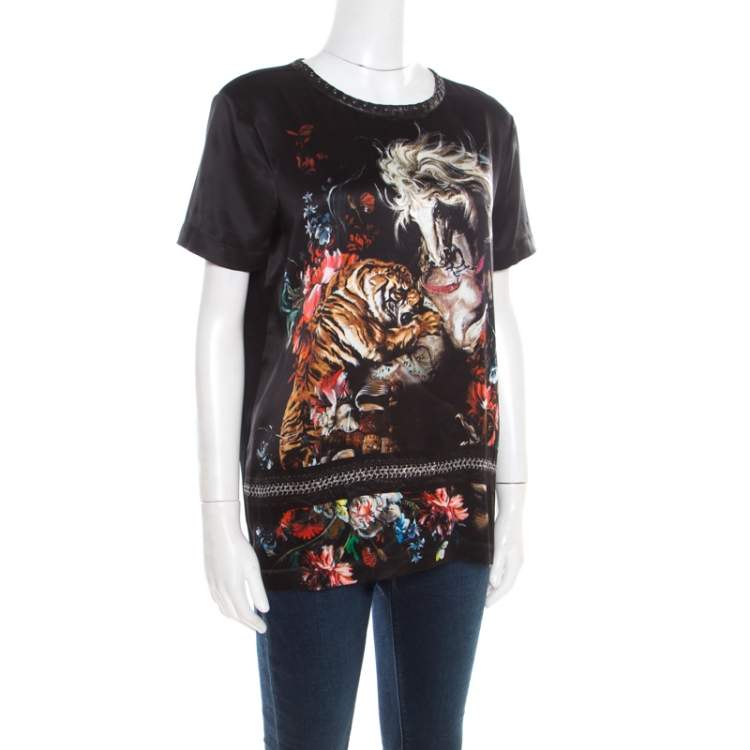Pre Owned Roberto Cavalli Black Animal Print Silk Leather Trim Blouse M