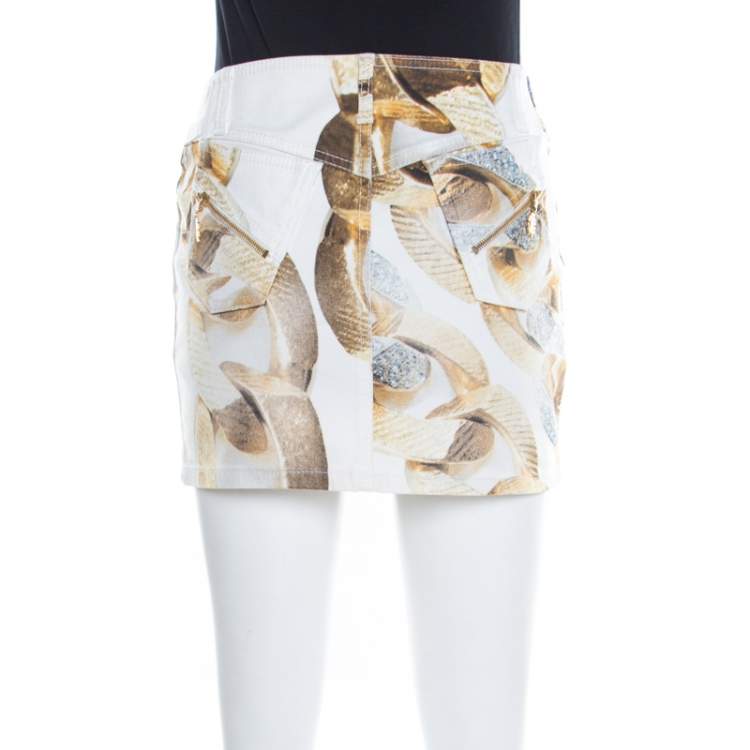 Pre Owned Roberto Cavalli White Denim Gold Chain Print Mini Skirt S