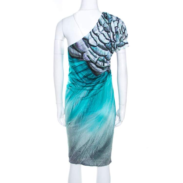 مملوكة مسبقًا Roberto Cavalli Green Feather Print Asymmetric Sleeve Draped Sheath Dress M