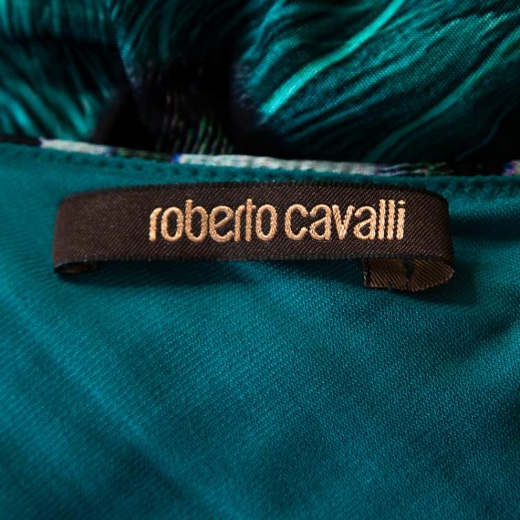 مملوكة مسبقًا Roberto Cavalli Green Feather Print Asymmetric Sleeve Draped Sheath Dress M
