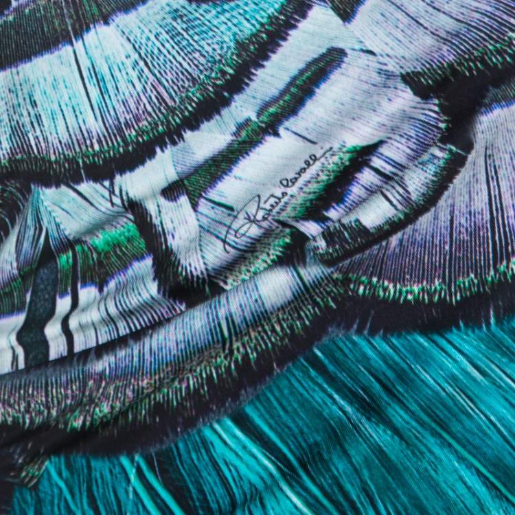 مملوكة مسبقًا Roberto Cavalli Green Feather Print Asymmetric Sleeve Draped Sheath Dress M