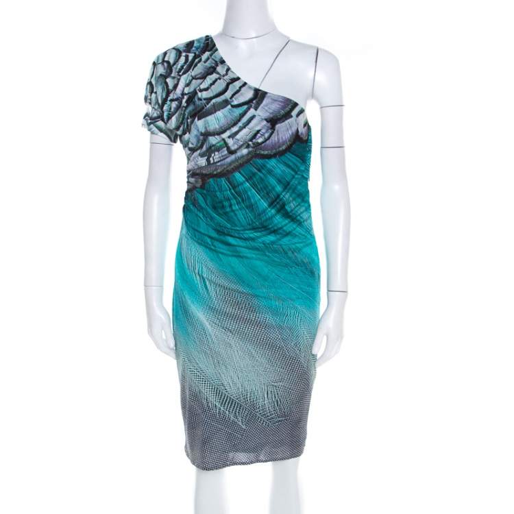 مملوكة مسبقًا Roberto Cavalli Green Feather Print Asymmetric Sleeve Draped Sheath Dress M