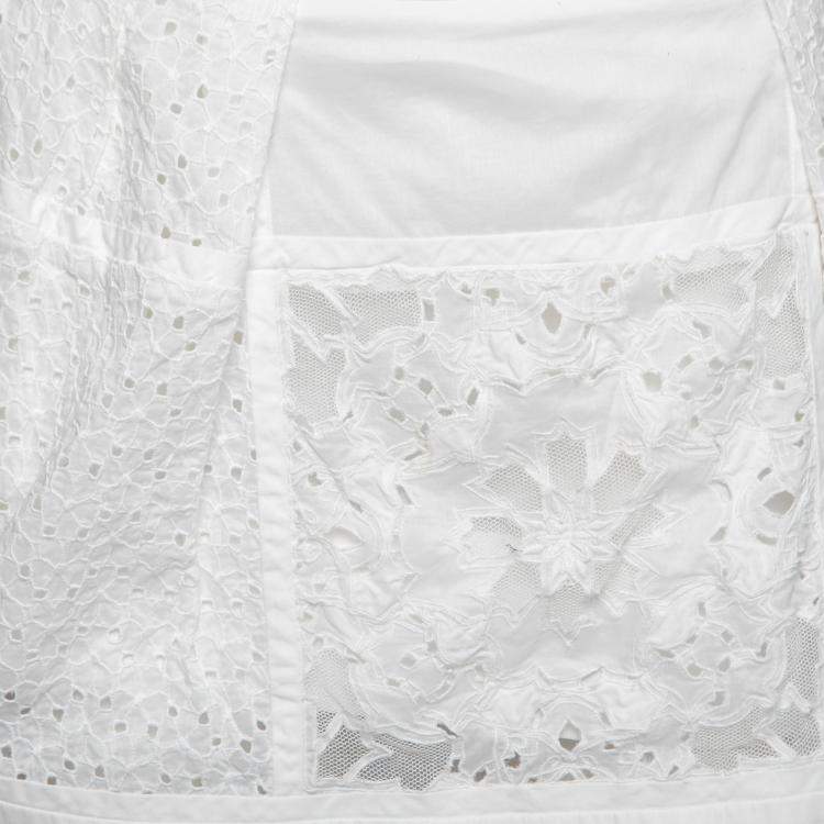 Pre Owned Roberto Cavalli White Broderie Anglaise Cotton Lace Paneled Mini Skirt S