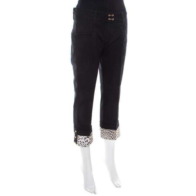 Pre Owned Roberto Cavalli Black Denim Leopard Printed Cuff Cropped Jeans M 