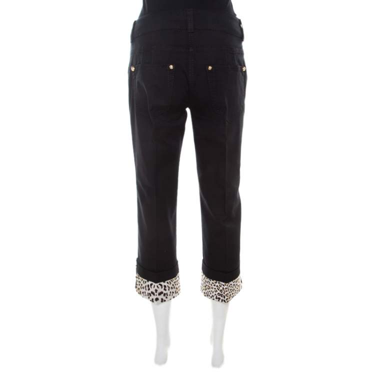Pre Owned Roberto Cavalli Black Denim Leopard Printed Cuff Cropped Jeans M 