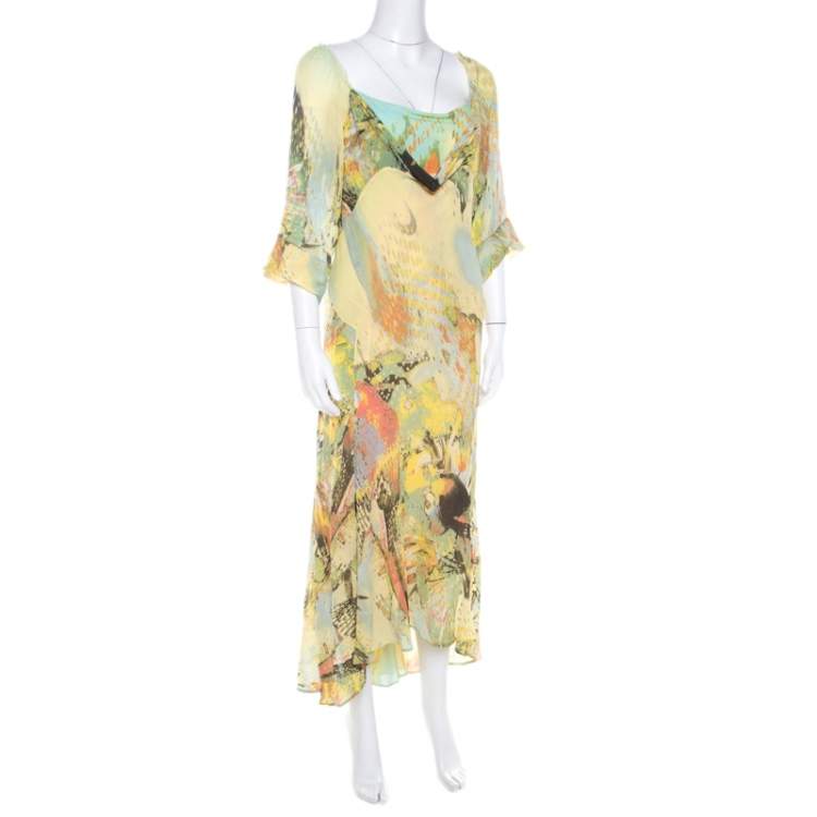 Pre Owned Roberto Cavalli Yellow Abstract Print Draped Neck Maxi Dress XL