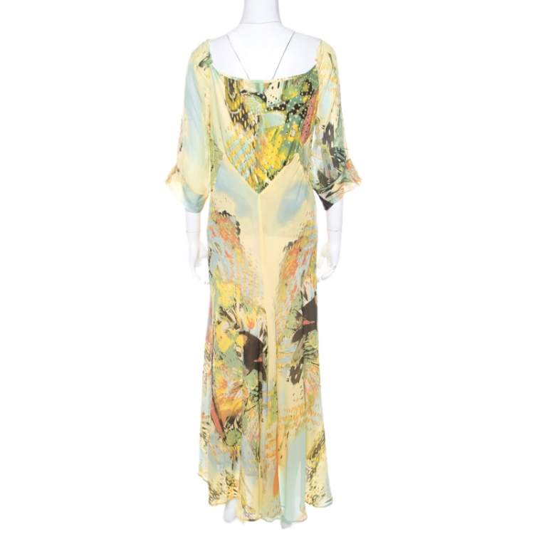 Pre Owned Roberto Cavalli Yellow Abstract Print Draped Neck Maxi Dress XL