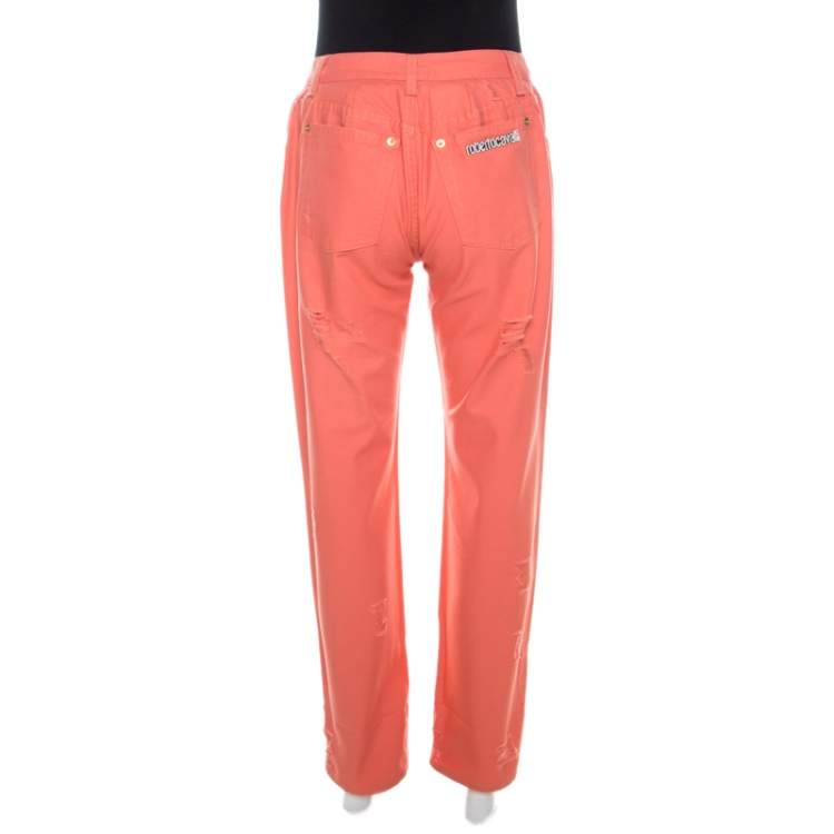 Pre Owned Roberto Cavalli Coral Pink Cotton Denim Logo Print Distressed Jeans L