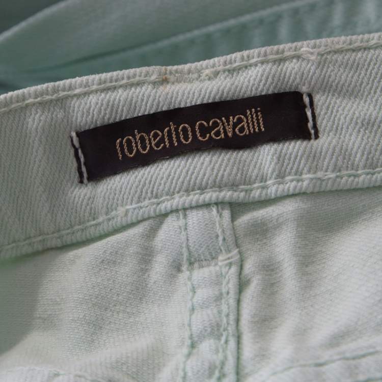 Pre Owned Roberto Cavalli Mint Blue Washed Denim Crinkled Effect Flared Jeans M