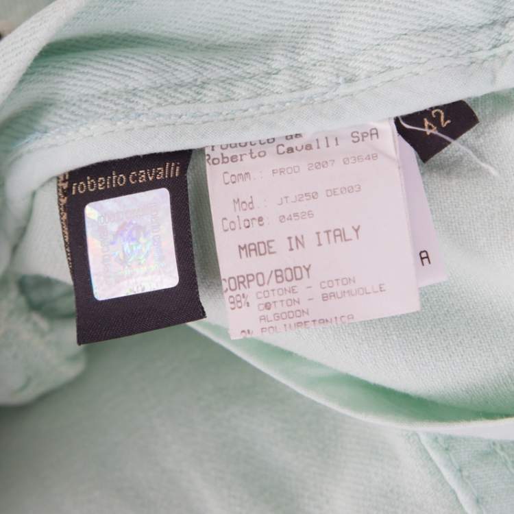 Pre Owned Roberto Cavalli Mint Blue Washed Denim Crinkled Effect Flared Jeans M