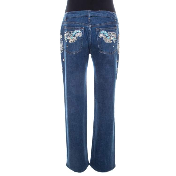 مملوكة مسبقًا Roberto Cavalli Blue Crystal Embellished Denim Wide Leg Jeans L