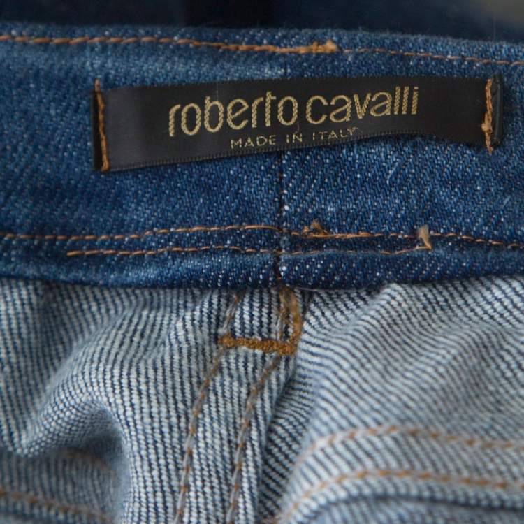 مملوكة مسبقًا Roberto Cavalli Blue Crystal Embellished Denim Wide Leg Jeans L