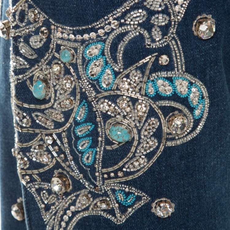 مملوكة مسبقًا Roberto Cavalli Blue Crystal Embellished Denim Wide Leg Jeans L