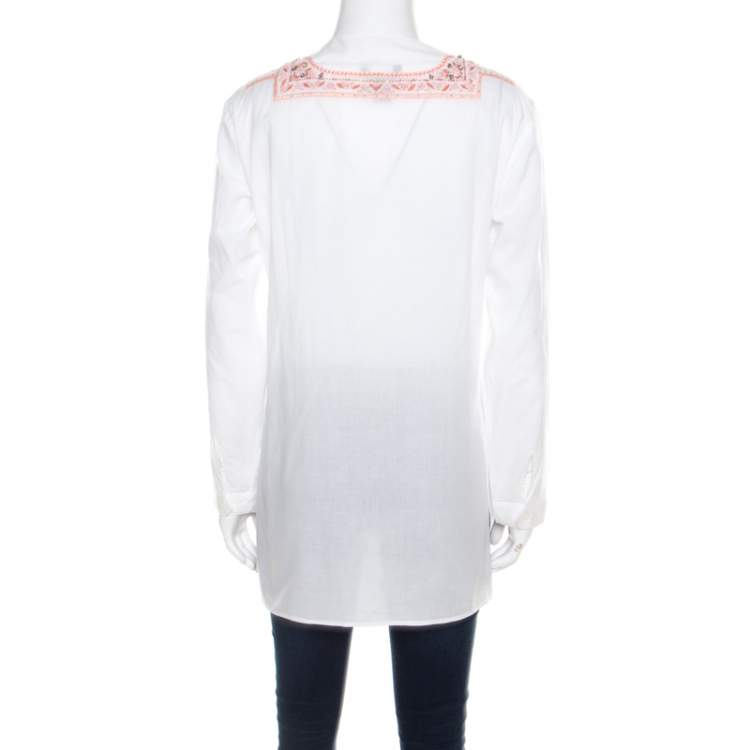Pre Owned Roberto Cavalli White Cotton Beaded Embroidered Detail Long Sleeve Blouse S 