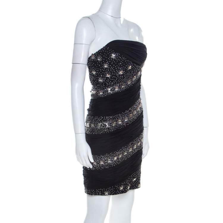 Pre Owned Roberto Cavalli Black Embellished Silk Ruched Strapless Dress S